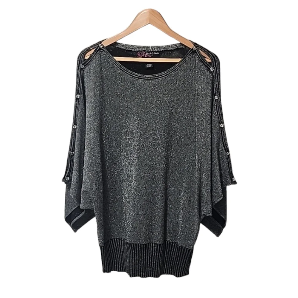 PECK & PECK Metallic Kimono Sleeve Blouse L Silver Batwing Retro 80s Shimmer Top